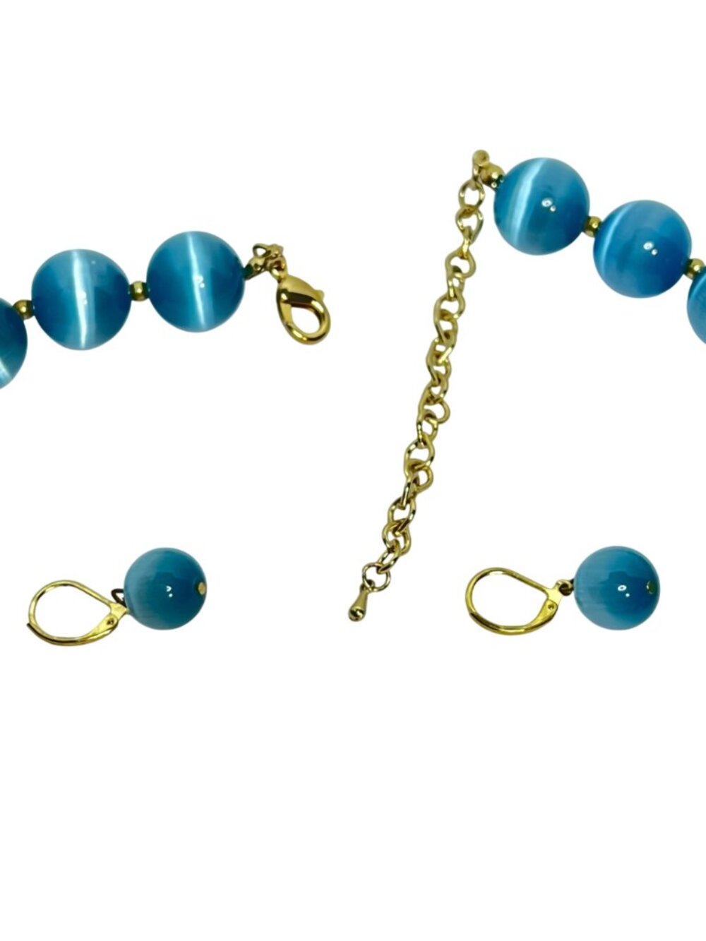 Blue Cats Eye Beaded Necklace W/ Gold Tone Accents And Pierced Earrings (6394) - Picture 12 of 13